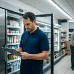 Manager checks logs at commercial fridge