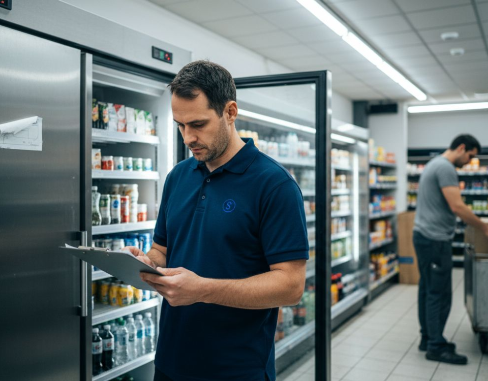 Manager checks logs at commercial fridge