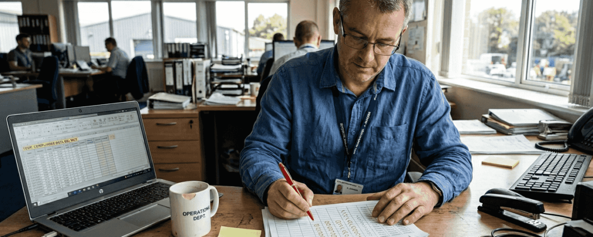 Manager reviews refrigeration compliance paperwork