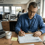 Manager reviews refrigeration compliance paperwork