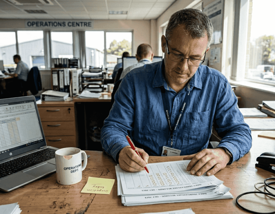 Manager reviews refrigeration compliance paperwork