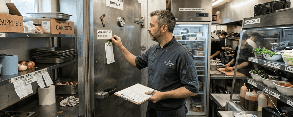 Manager checks refrigeration units in restaurant