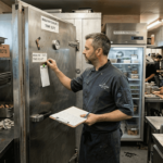 Manager checks refrigeration units in restaurant