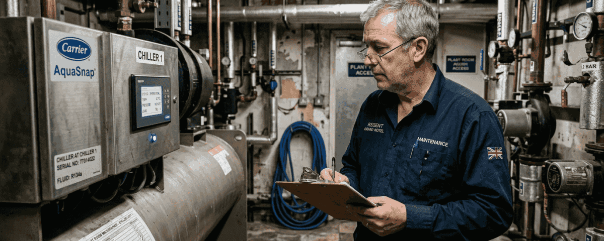 Engineer checking hotel chiller unit in basement