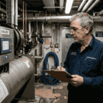 Engineer checking hotel chiller unit in basement