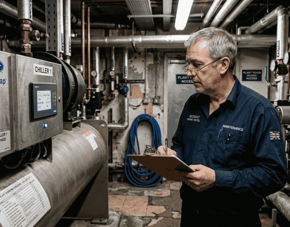 Engineer checking hotel chiller unit in basement