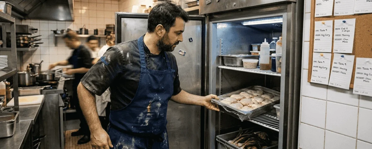 Chef checking refrigerator in restaurant kitchen