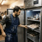 Chef checking refrigerator in restaurant kitchen