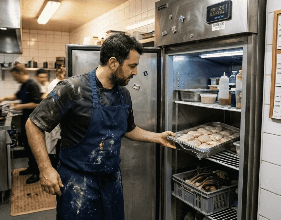 Chef checking refrigerator in restaurant kitchen