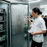 Kitchen manager inspecting walk-in refrigerator