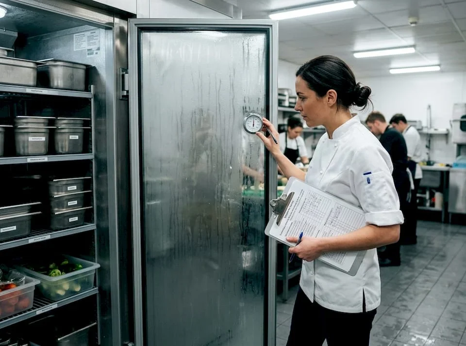 Kitchen manager inspecting walk-in refrigerator