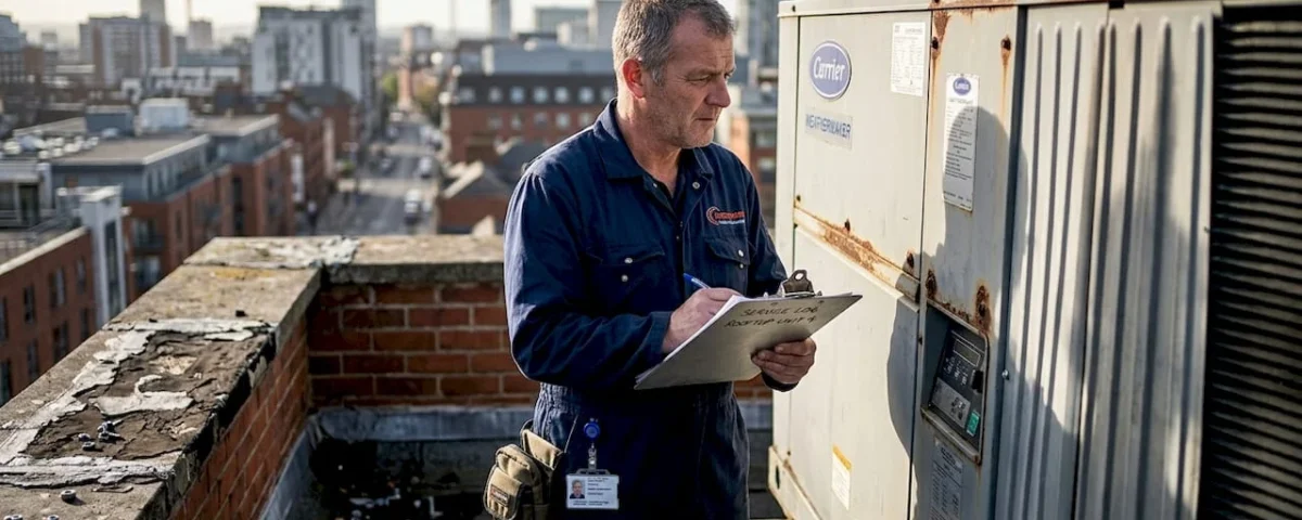 Technician inspecting hotel rooftop HVAC system