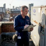 Technician inspecting hotel rooftop HVAC system