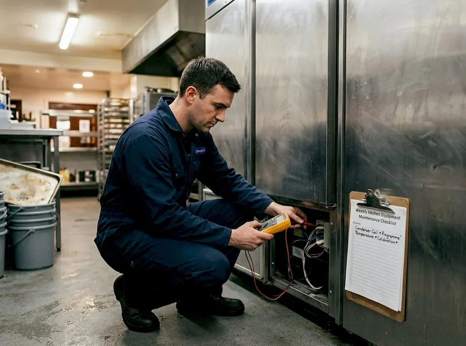 Technician repairing commercial refrigerator in kitchen