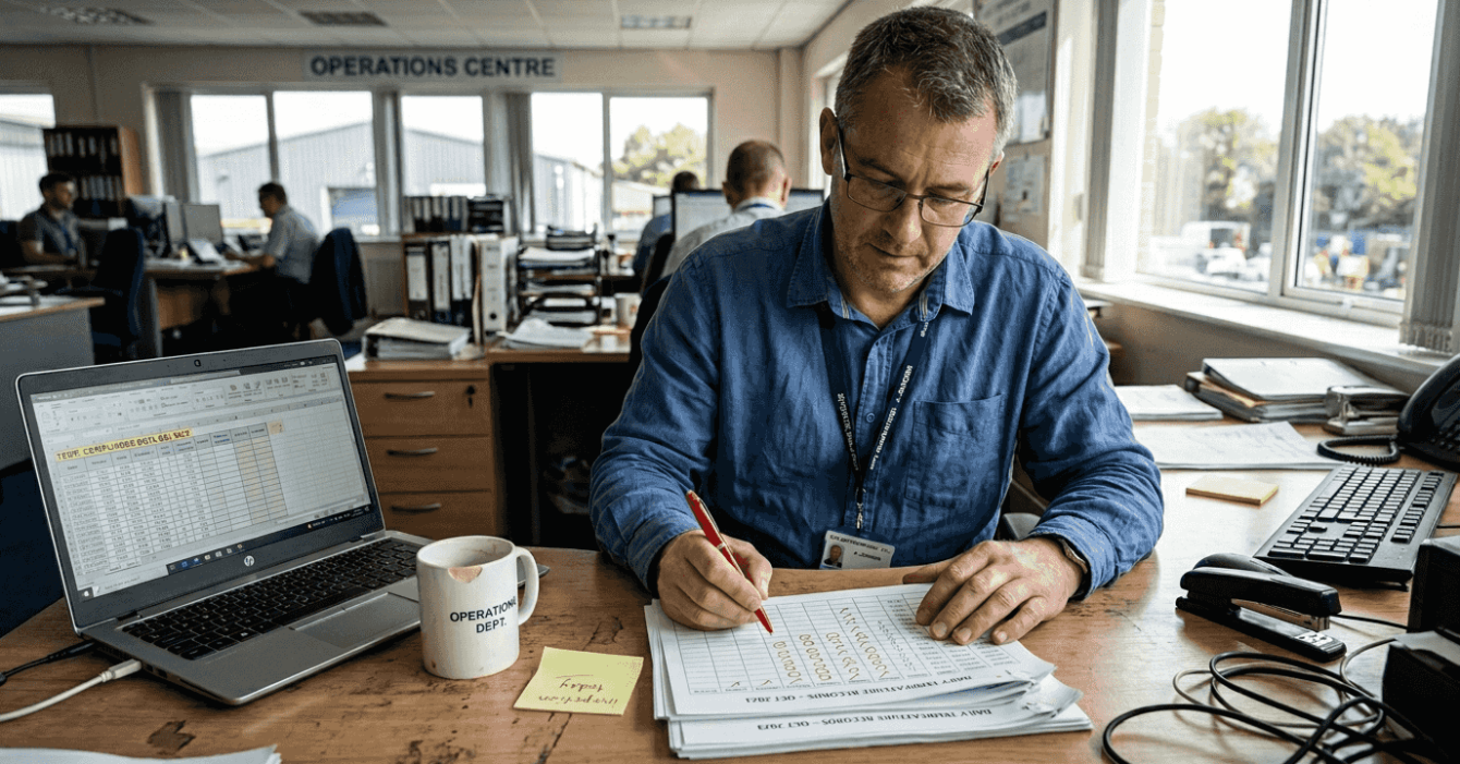 Manager reviews refrigeration compliance paperwork