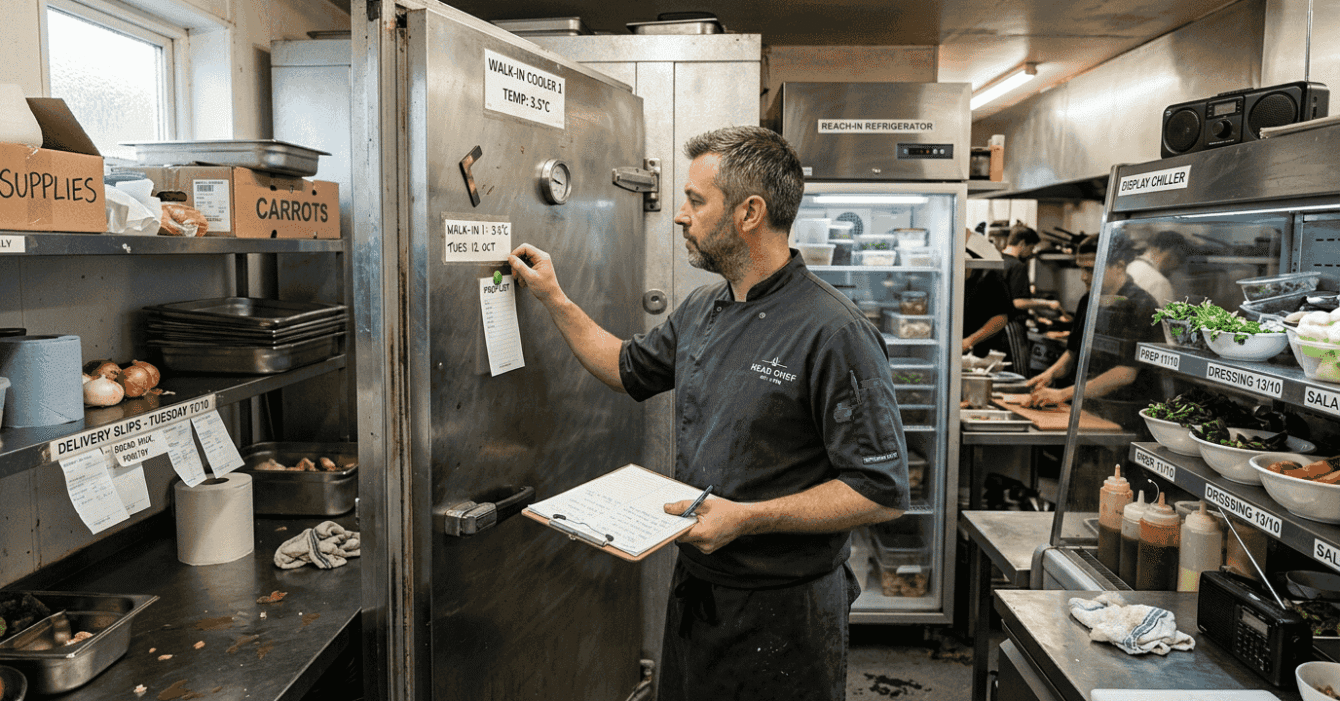 Manager checks refrigeration units in restaurant