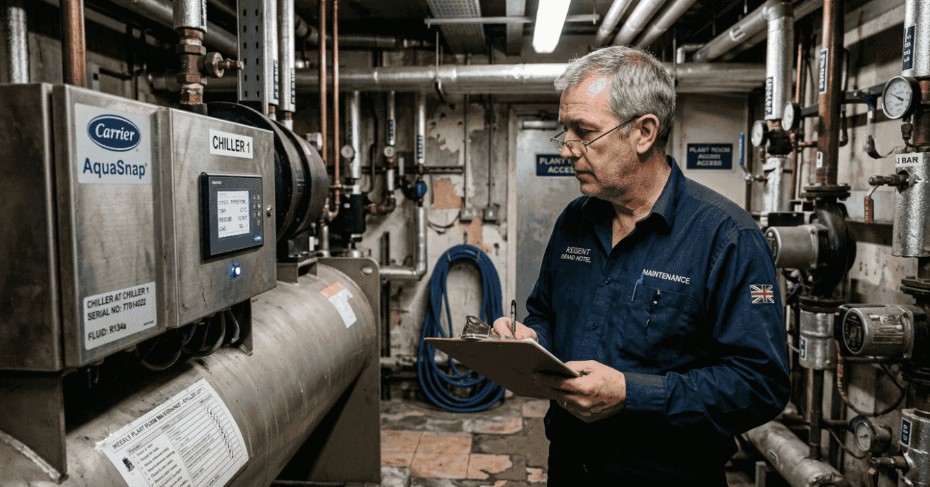 Engineer checking hotel chiller unit in basement