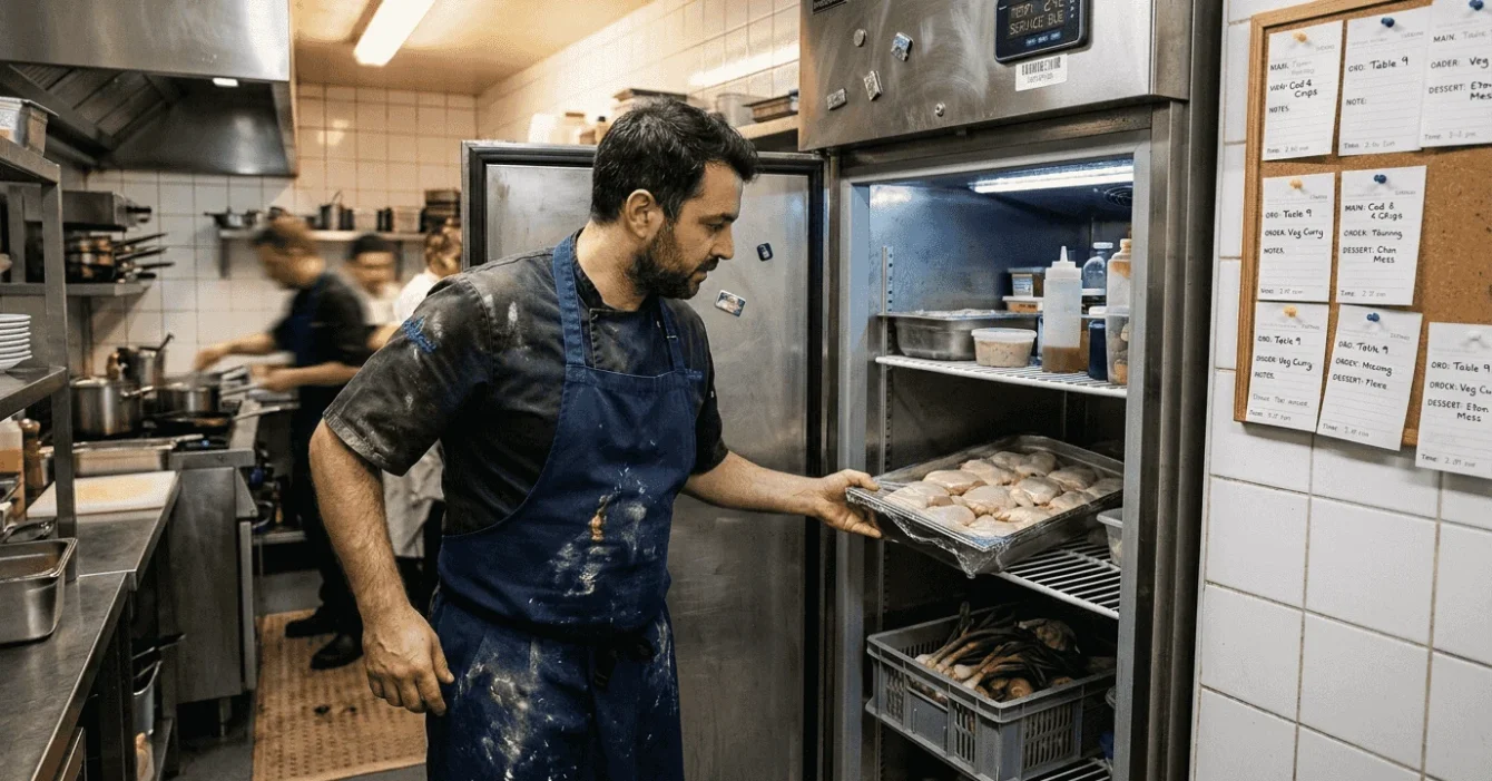 Chef checking refrigerator in restaurant kitchen
