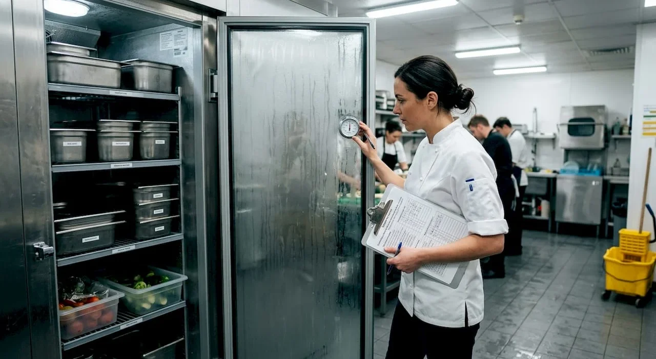 Kitchen manager inspecting walk-in refrigerator