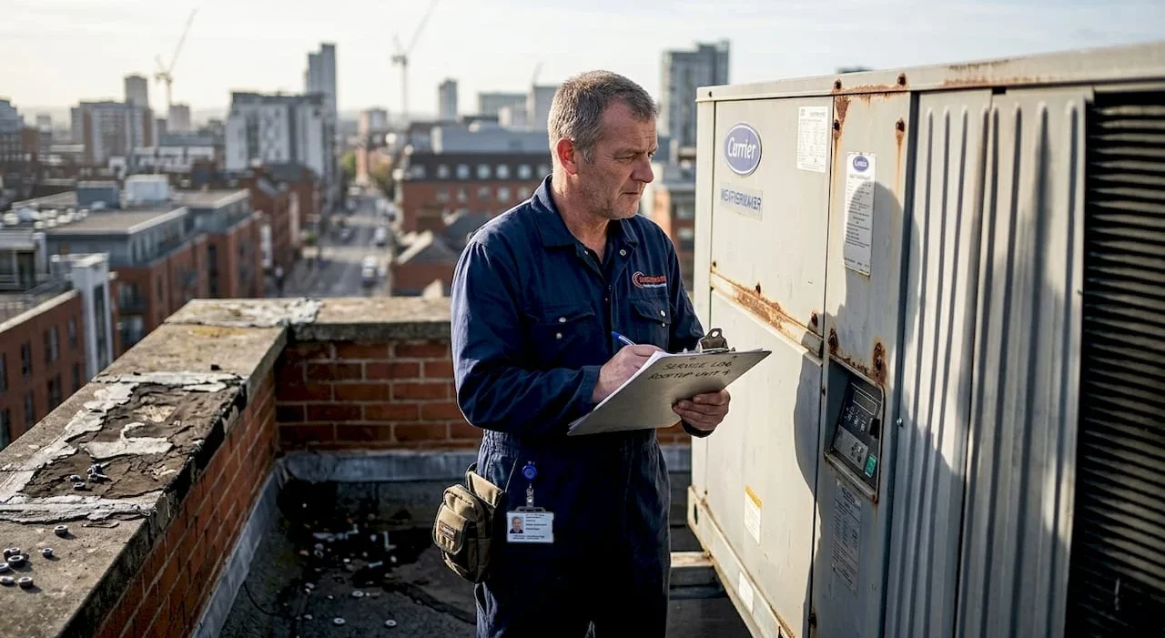 Technician inspecting hotel rooftop HVAC system