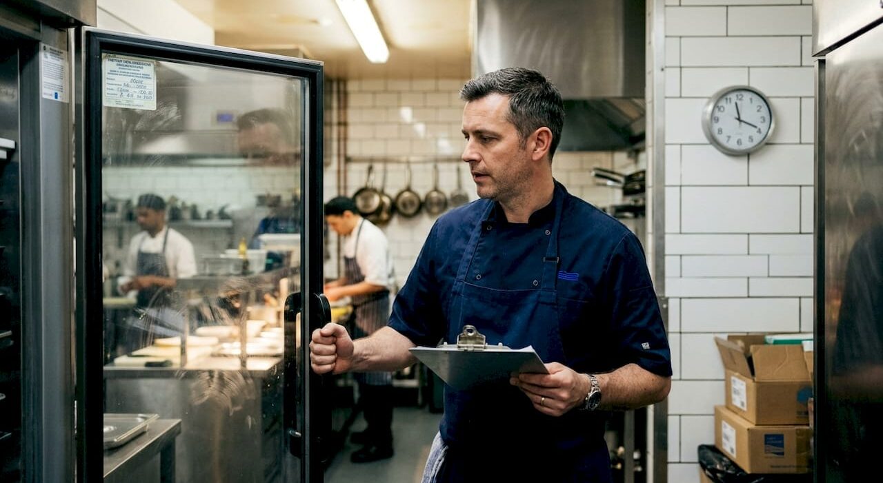 1774339849007_Manager-checking-commercial-refrigerator-in-kitchen Manager checking commercial refrigerator in kitchen