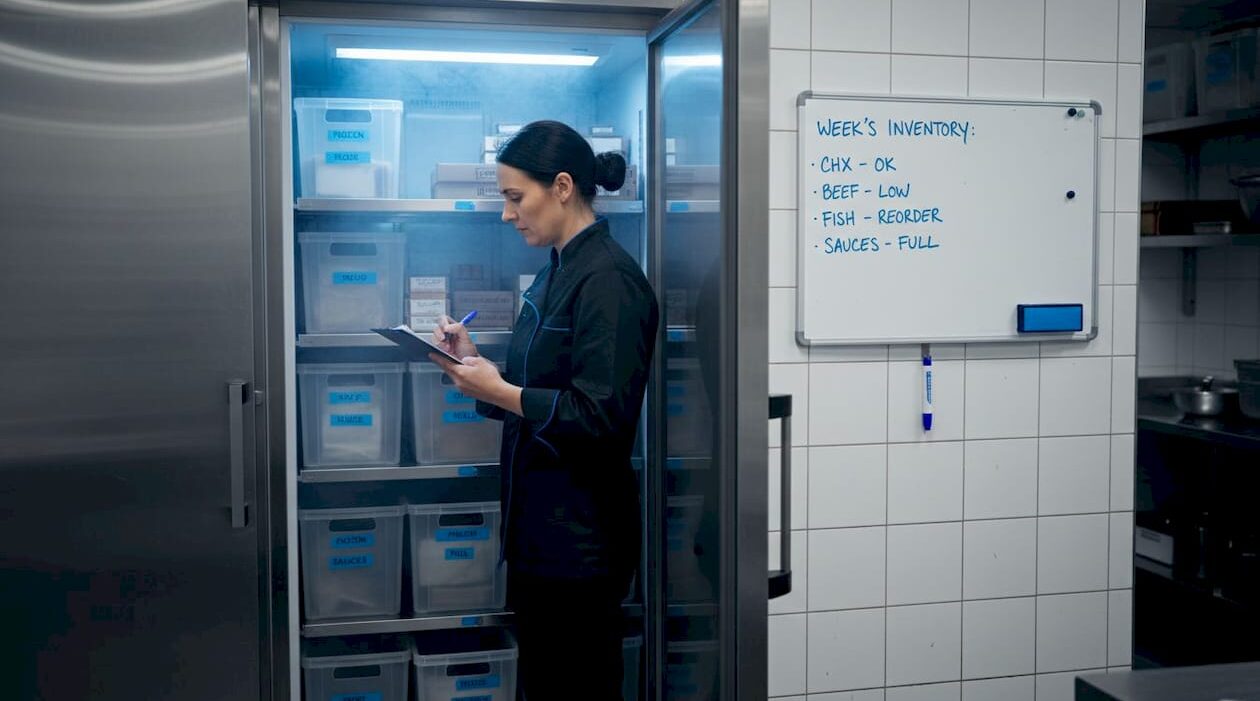 1777510666128_image Manager checking inventory in walk-in freezer