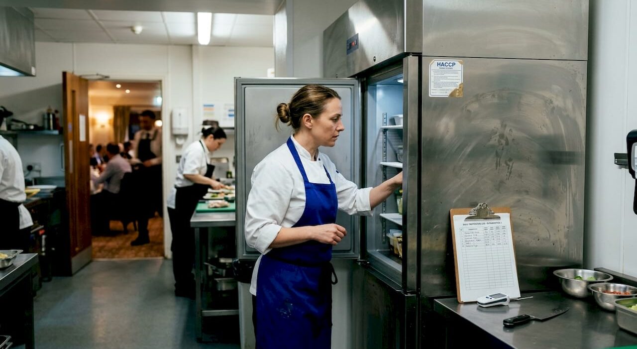 1777697207607_Supervisor-checking-hotel-kitchen-refrigerator-logs Supervisor checking hotel kitchen refrigerator logs