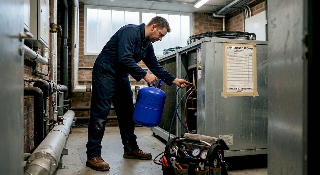 1777779249530_Engineer-disconnecting-refrigerant-recovery-cylinder-1 Engineer disconnecting refrigerant recovery cylinder