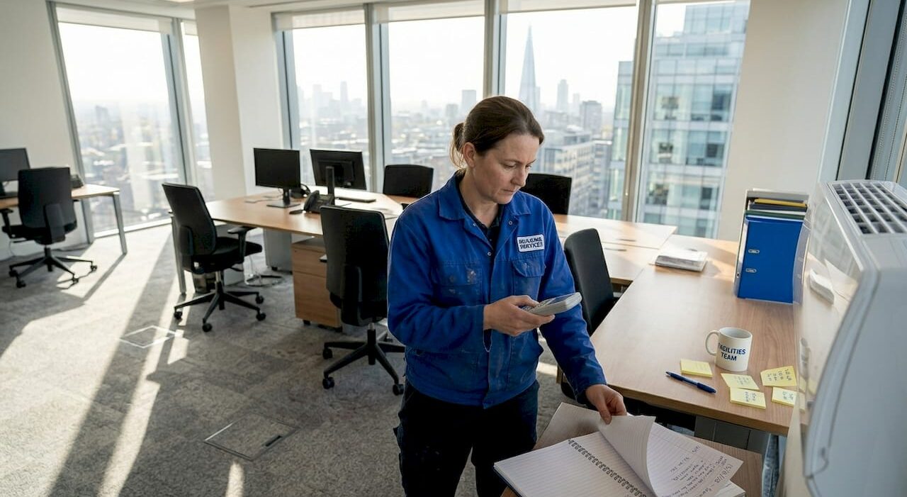 1777868077641_Manager-checking-ductless-cooling-unit-in-office Manager checking ductless cooling unit in office