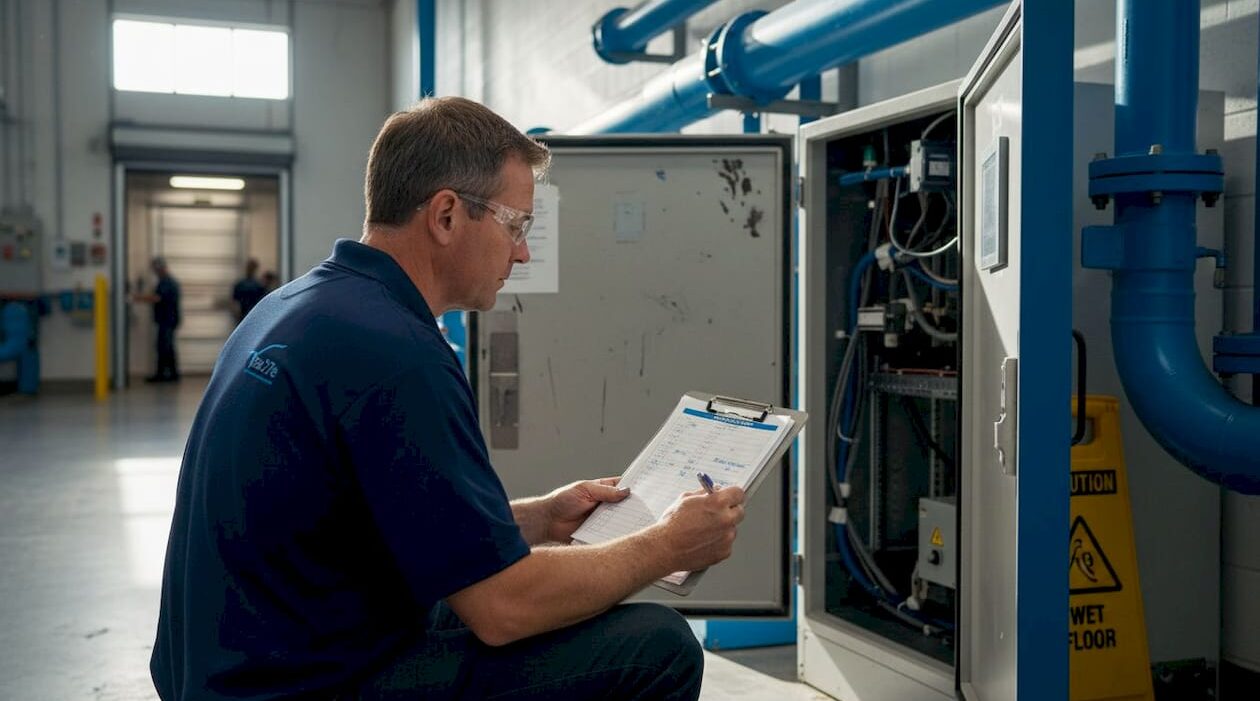 1777970013593_image Manager inspecting refrigeration unit with checklist