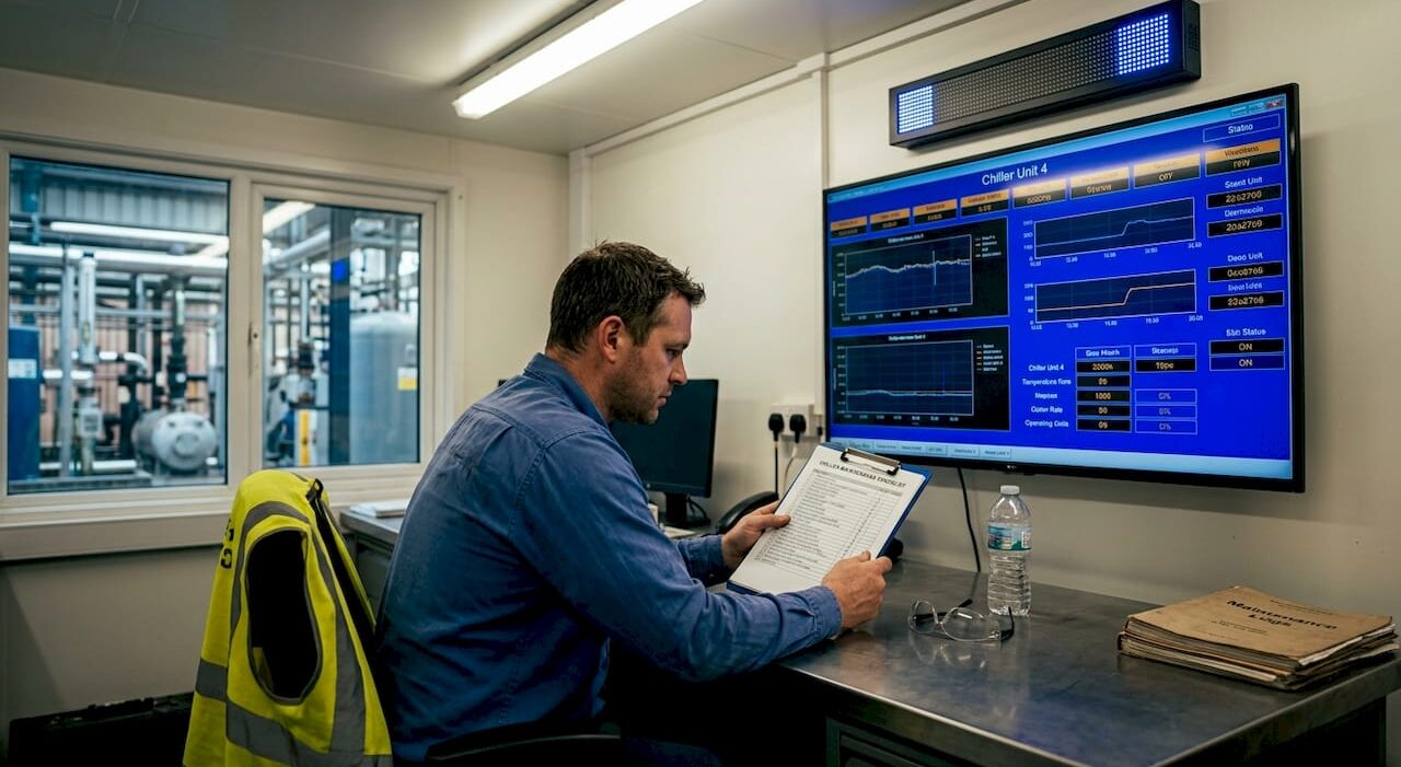 1778127234603_Engineer-reviews-maintenance-checklist-in-control-room Engineer reviews maintenance checklist in control room