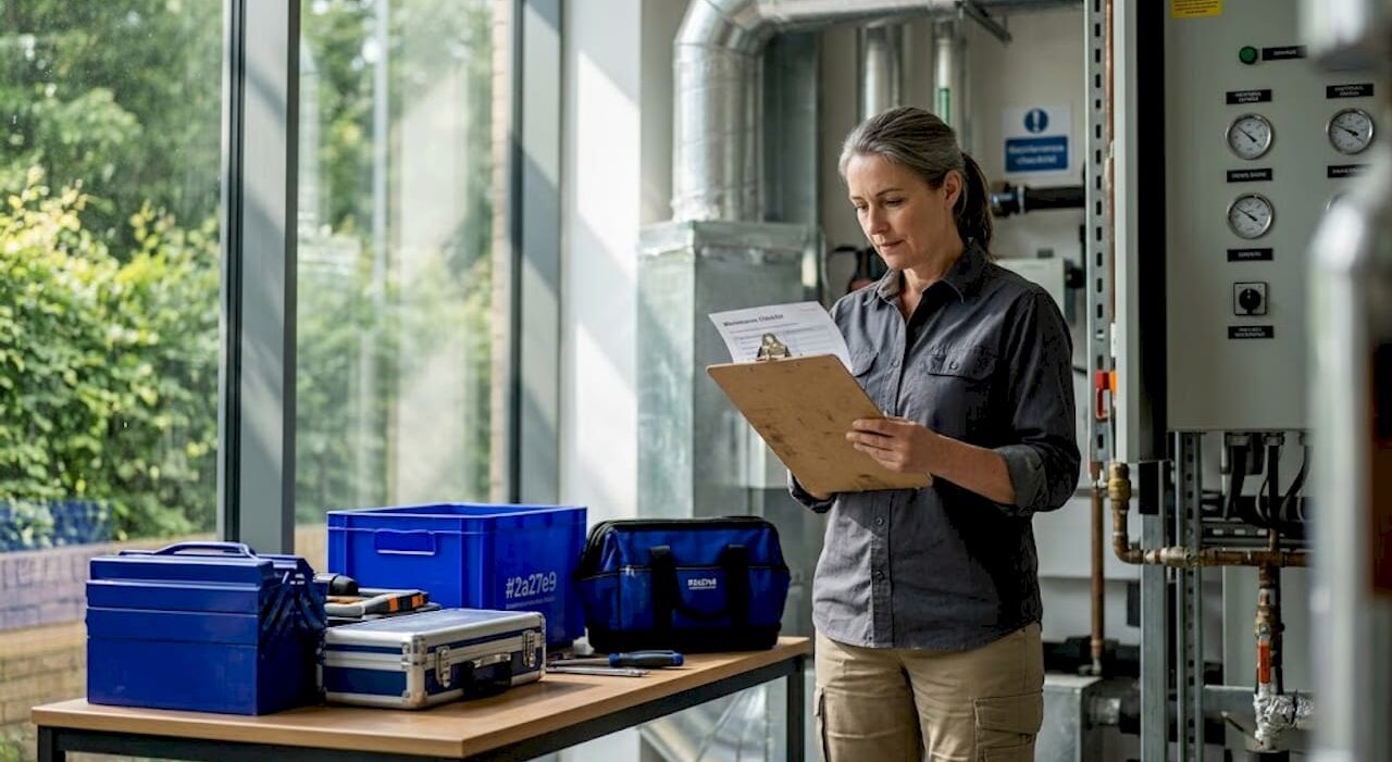 1778384630870_Facility-manager-checking-HVAC-maintenance-checklist Facility manager checking HVAC maintenance checklist