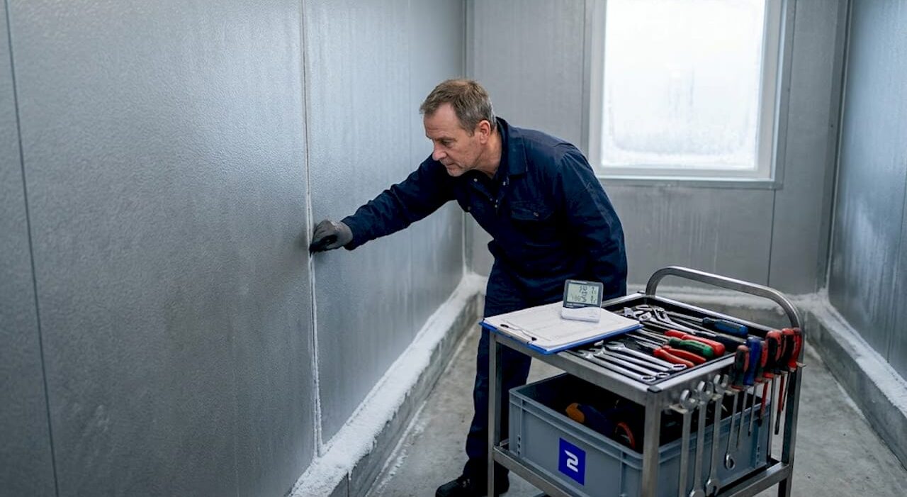 1778604874270_Technician-inspecting-cold-storage-wall-panels Technician inspecting cold storage wall panels