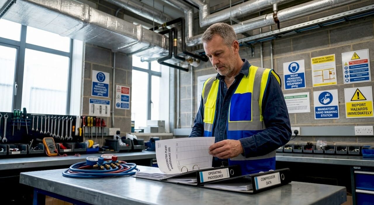 1778650746318_Engineer-reviewing-cooling-system-documents-at-workbench Engineer reviewing cooling system documents at workbench