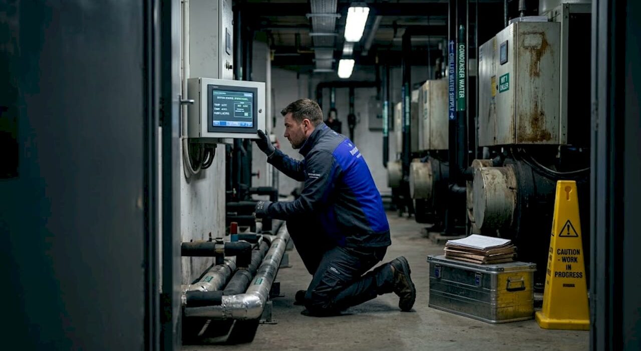 1778821782977_Technician-checks-hotel-chilled-water-system Technician checks hotel chilled water system